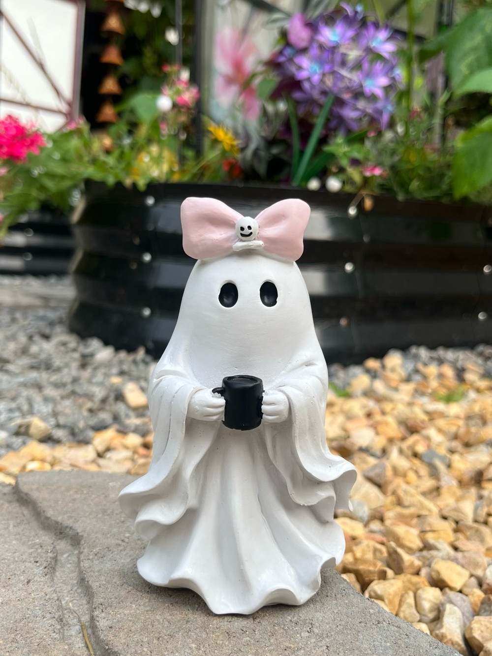 Cute Ghost Figurine with Pink Bow - Home Accents